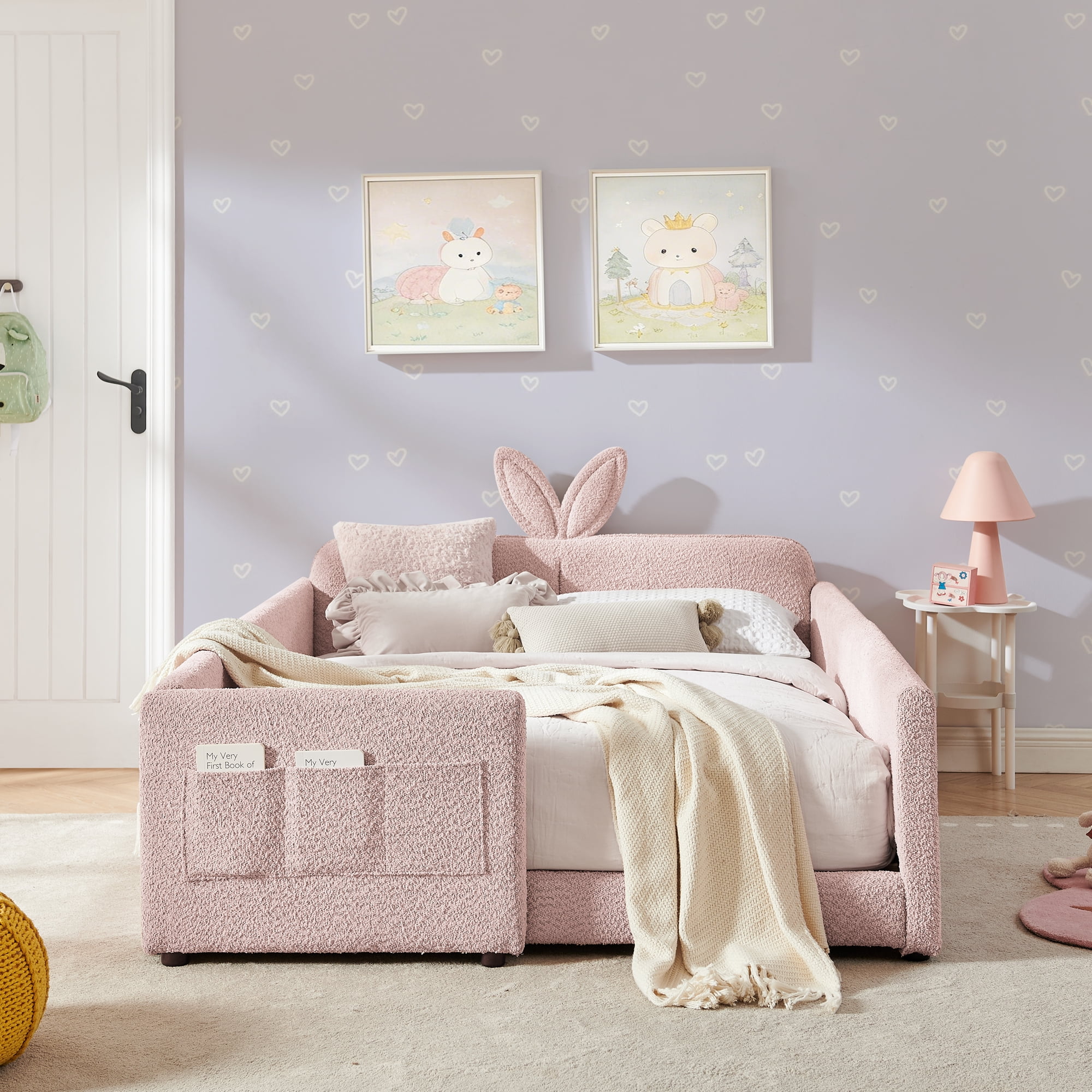 T-Joy Cute Kids Bed with Rail and Pocket, Boucle Wooden Platform Bed with Rabbit Ear, Full Size, Pink