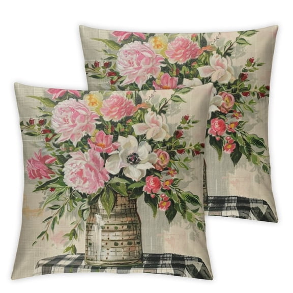 BANET Leaf Pillow Covers Pink Flower Decorative Pillow Cases Square Cushion Covers Home Decor For Porch Couch Set of 2 12x12in