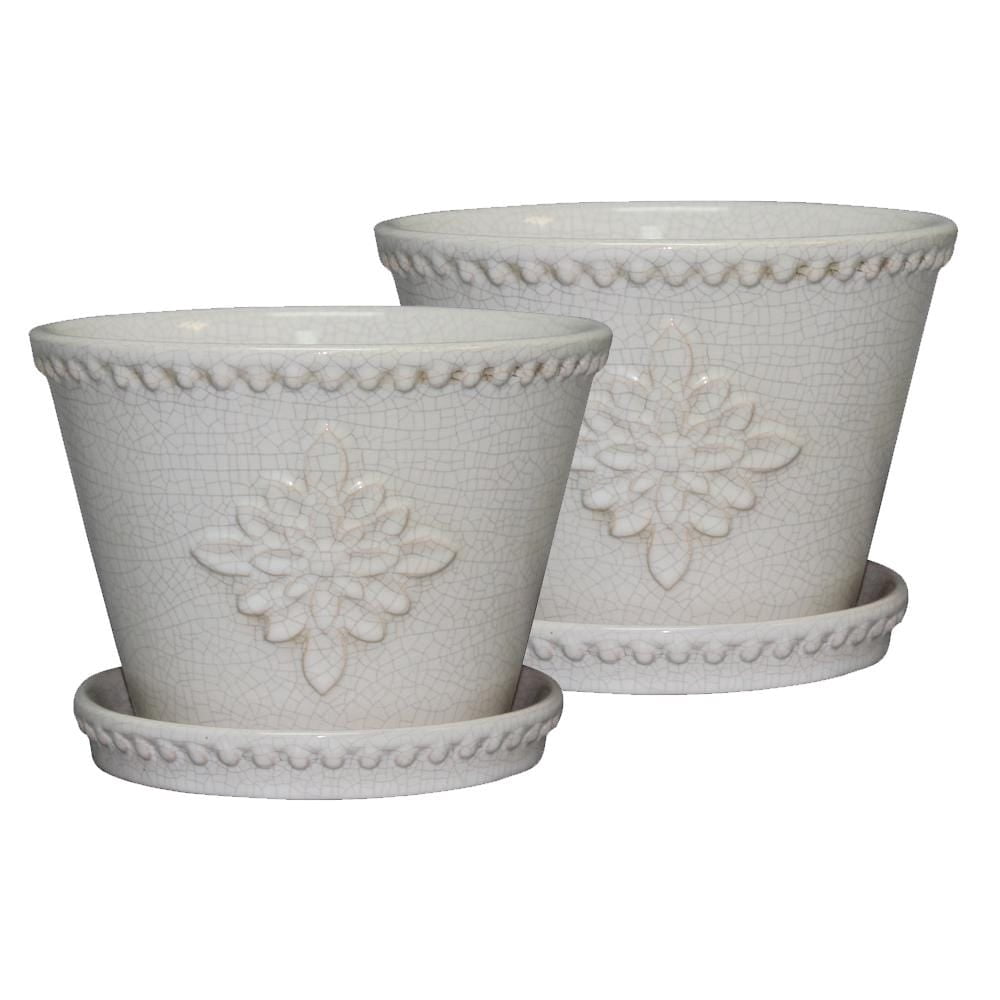 Att Southern CRM-030928 Ceramic Planter With Saucer, Lorna/White Crackle, 8-In. - Quantity 2