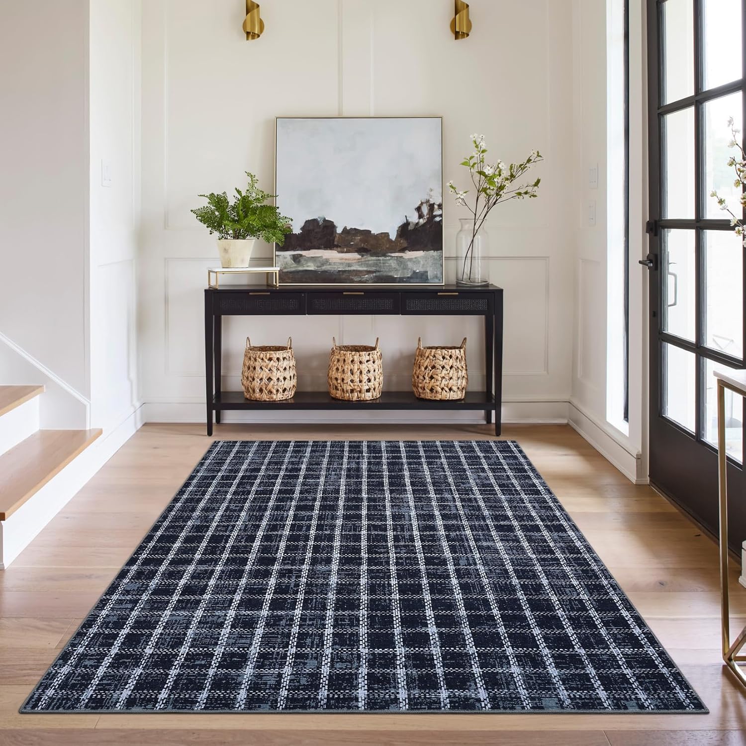 Twister.CK 5' x 7' Plaid Area Rugs, Modern Washable Stain-Resistant Carpet, Non Slip Indoor Rug for Living Room Dining Room Office, Blue