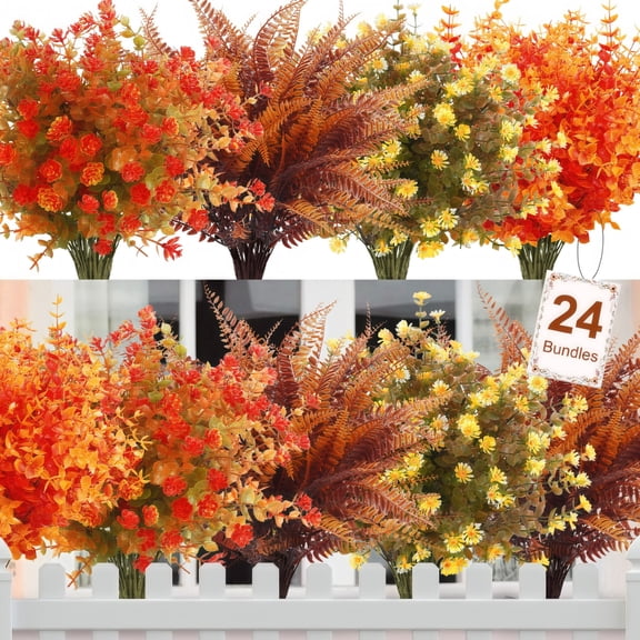 Scidweet Artificial Fall Flowers Outdoors, 24 Bundles Autumn Fake Plants Faux Silk Plastic Flowers Fall Decorations for Home Indoor Outside Yard Garden Porch Patio Autumn Harvest Decor, Multicolor