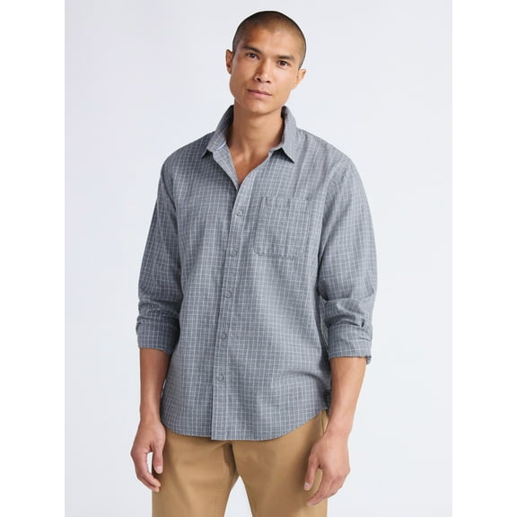 Free Assembly Men's Brushed Cotton Twill Button Front Shirt with Long Sleeves, Sizes XS-3XL