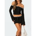 thumbnail image 3 of KelaJuan Women Spring Skirts Outfits Lace Trim Tie-Up Boat Neck Off Shoulder Long Sleeve Crop Tops Mini Skirts 2 Pieces Clothes Set, 3 of 6