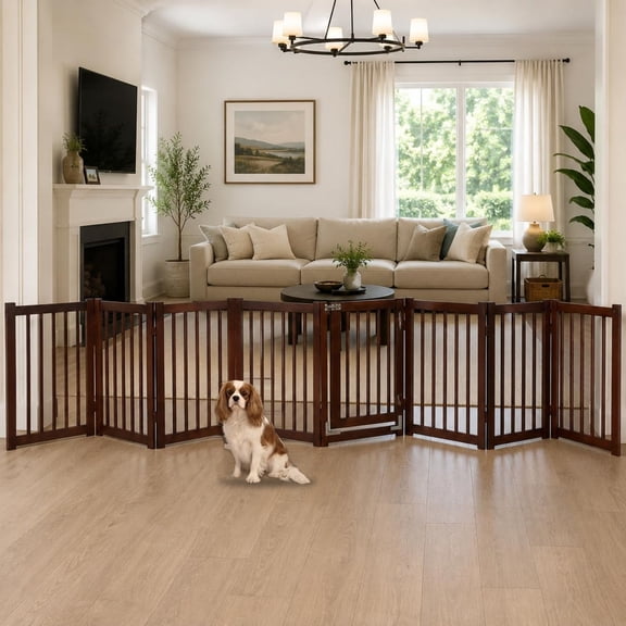 Launx Wooden Pet Gate with Lockable Dog Door, Expands to 142" Wide