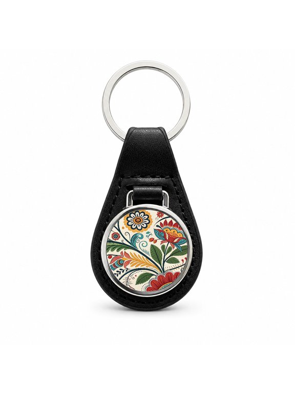 Traditional Folk Art Flowers Leaves Pattern Metal Black Leather Keychain