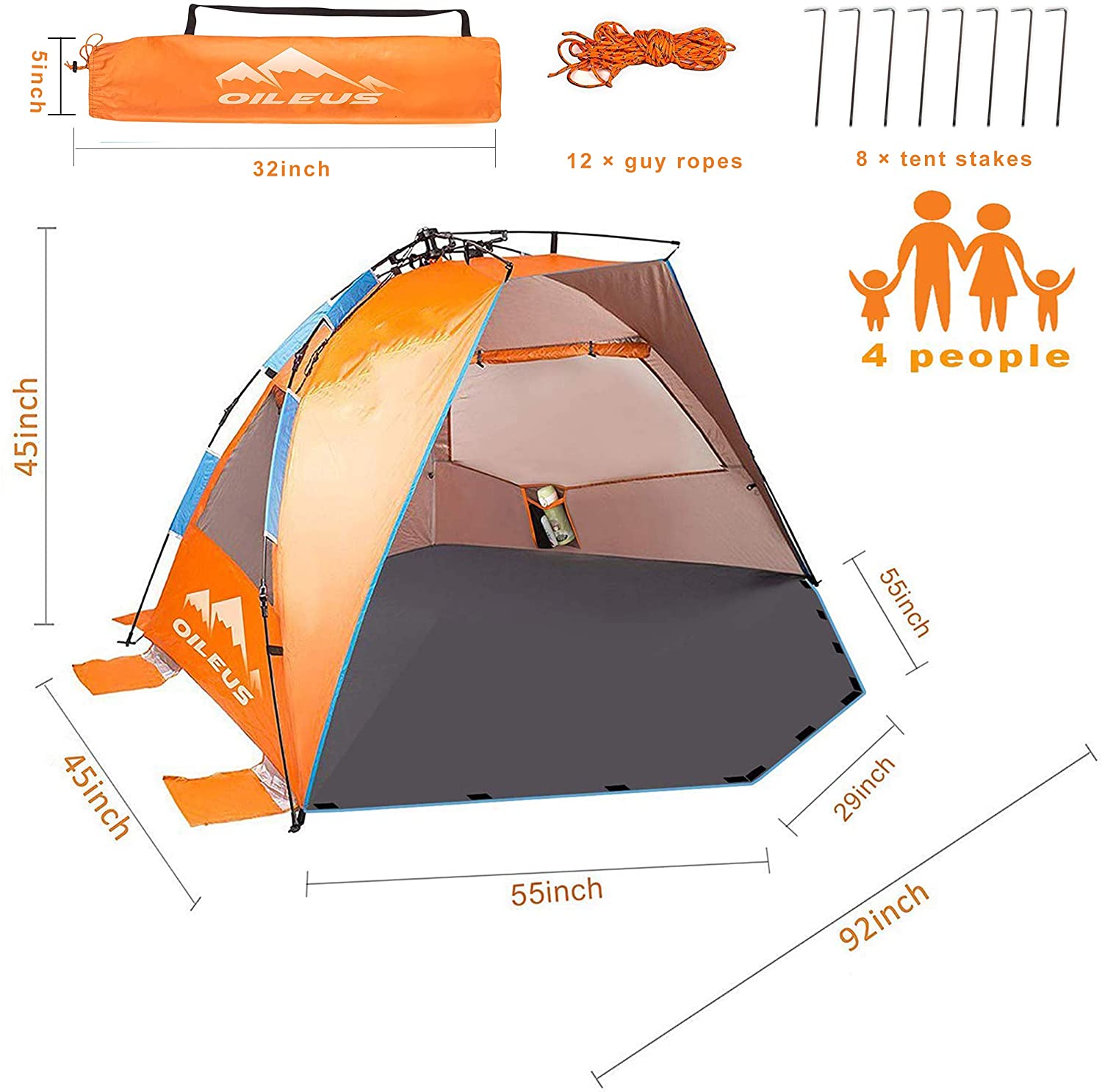 Oileus X Large 4 Person Beach Tent Sun Shelter Portable Sun Shade Instant Tent for Beach with Carrying Bag Stakes 6 Sand Pockets Anti UV for Fishing Hiking Camping Waterproof Windproof Orange - image 5 of 7