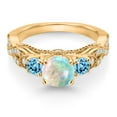 thumbnail image 2 of Gem Stone King 18K Yellow Gold Plated Silver White Simulated Opal Swiss Blue Topaz and White Moissanite Engagement Ring for Women (0.87 Ct, Gemstone October Birthstone, Round 6MM and 3MM, Size 9), 2 of 4