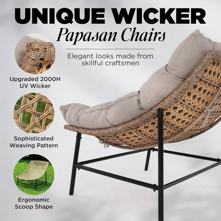 Walker Edison Furniture Company Papasan Rattan Removable Cushions Metal Outdoor Patio Lounge Chairs with Natural Cushions (Set of 2)