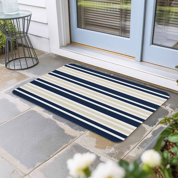 Navy Blue Khaki Striped Door Mat Indoor Outdoor, Gradient Horizontal Lines Non Slip Welcome Mat with Rubber Backing, Absorbent Fabric Front Door Mats Entryway Rug for Home Patio Entrance 18"x30"