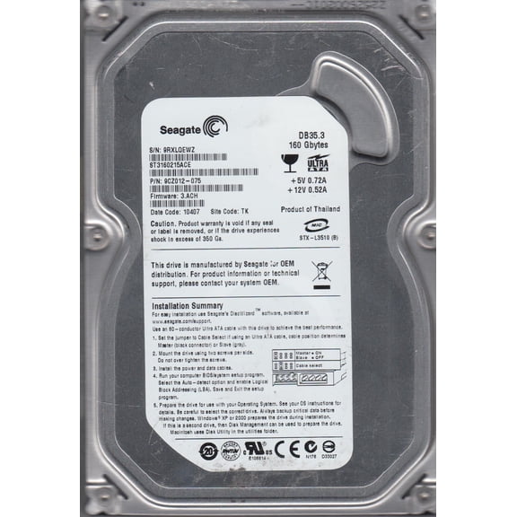 ST3160215ACE, 9RX, TK, PN 9CZ012-075, FW 3.ACH, Seagate 160GB IDE 3.5 Hard Drive