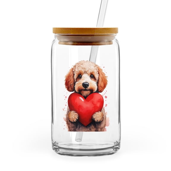 Happy Valentine's Day Poodle Brings Love Heart 16oz Glass Cup Mug Poodles Dog Lover Gifts Idea Glass Can with Bamboo Lid and Straw - 02028
