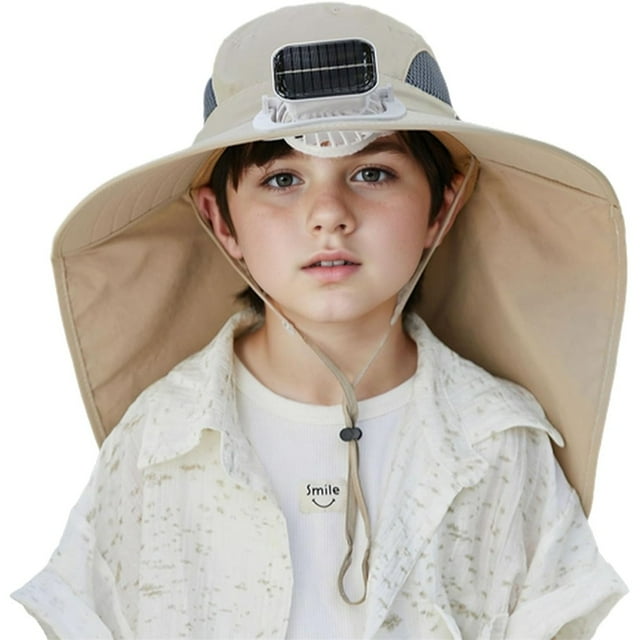 Sombrero de sol para niños con ventilador solar incorporado - Sombrero ajustable de protección UV para niños pequeños, transpirable y de ala ancha para actividades al aire libre en verano