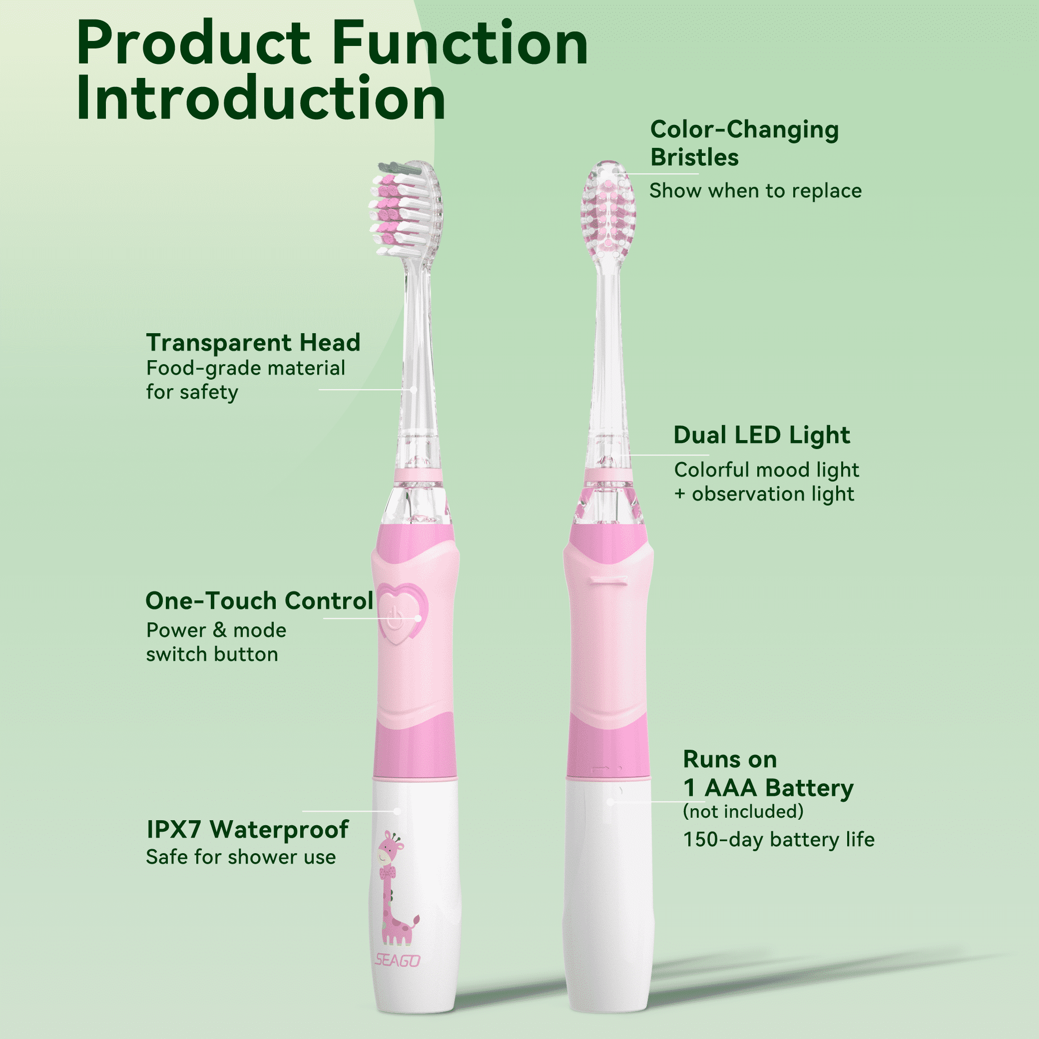 Seago Kids Electric Toothbrush,Rainbow LED Light,8 Brush Heads,for Kids 3-8