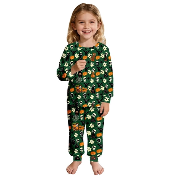 Halloween Pajamas Kids Size 4-5 Years Casual Loungewear Set Print Long Sleeve Top and Pants Cozy Pjs for Boys Green