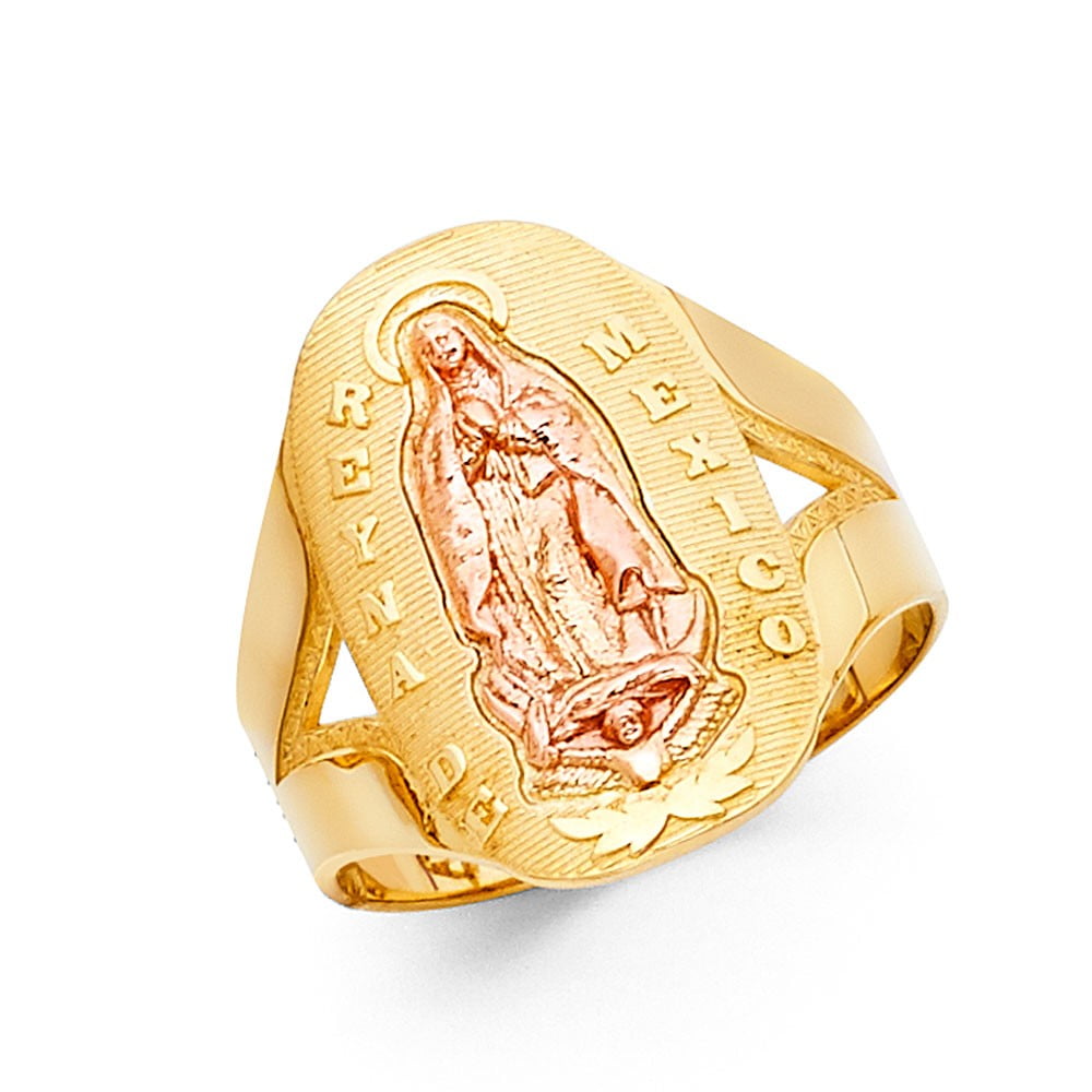 14k Two Tone Italian Gold Reyna De Mexico Virgen Guadalupe Ring 20mm 