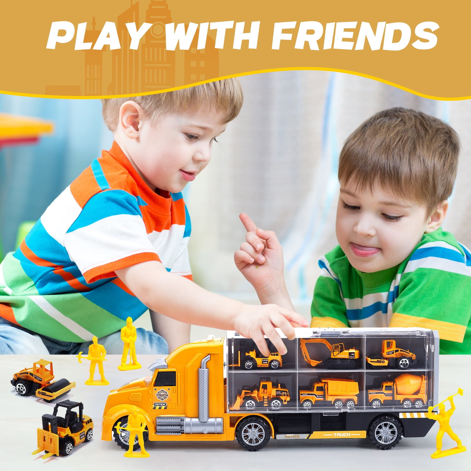 JoyStone 33-in-1 Die-Cast Construction Vehicle Set with Lights & Sounds, Alloy Car Transport Truck Toy, Birthday Gift for Kids, Yellow