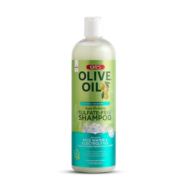 ORS Olive Oil Max Moisture Champú súper hidratante sin sulfato impregnado con agua de arroz y electrolitos para hidratación y crecimiento sobrealimentados 16.0 onzas (1)