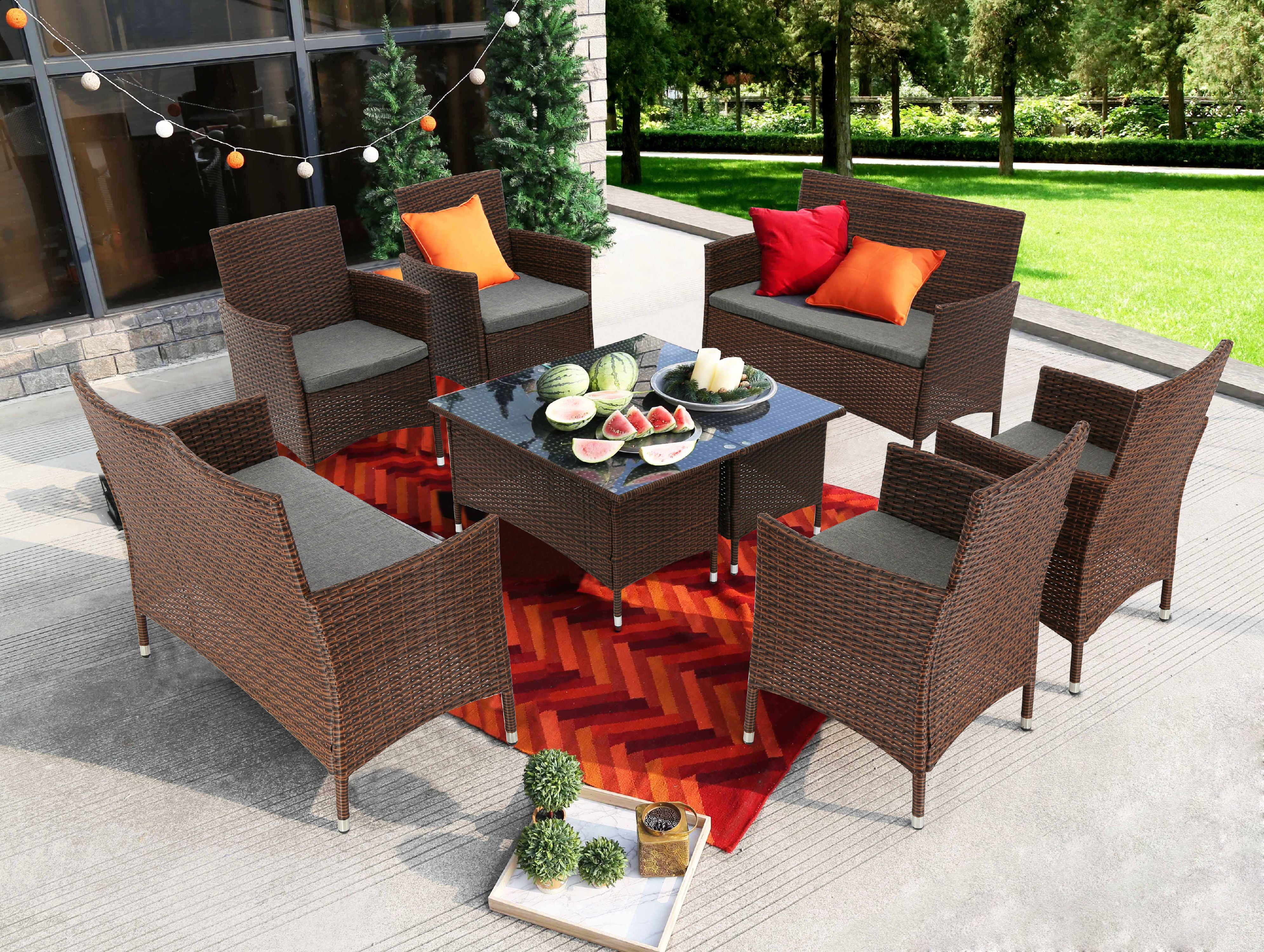 Baner Garden 8 Pieces Outdoor Furniture Complete Patio Wicker Rattan Garden Set, Brown (N68BR2