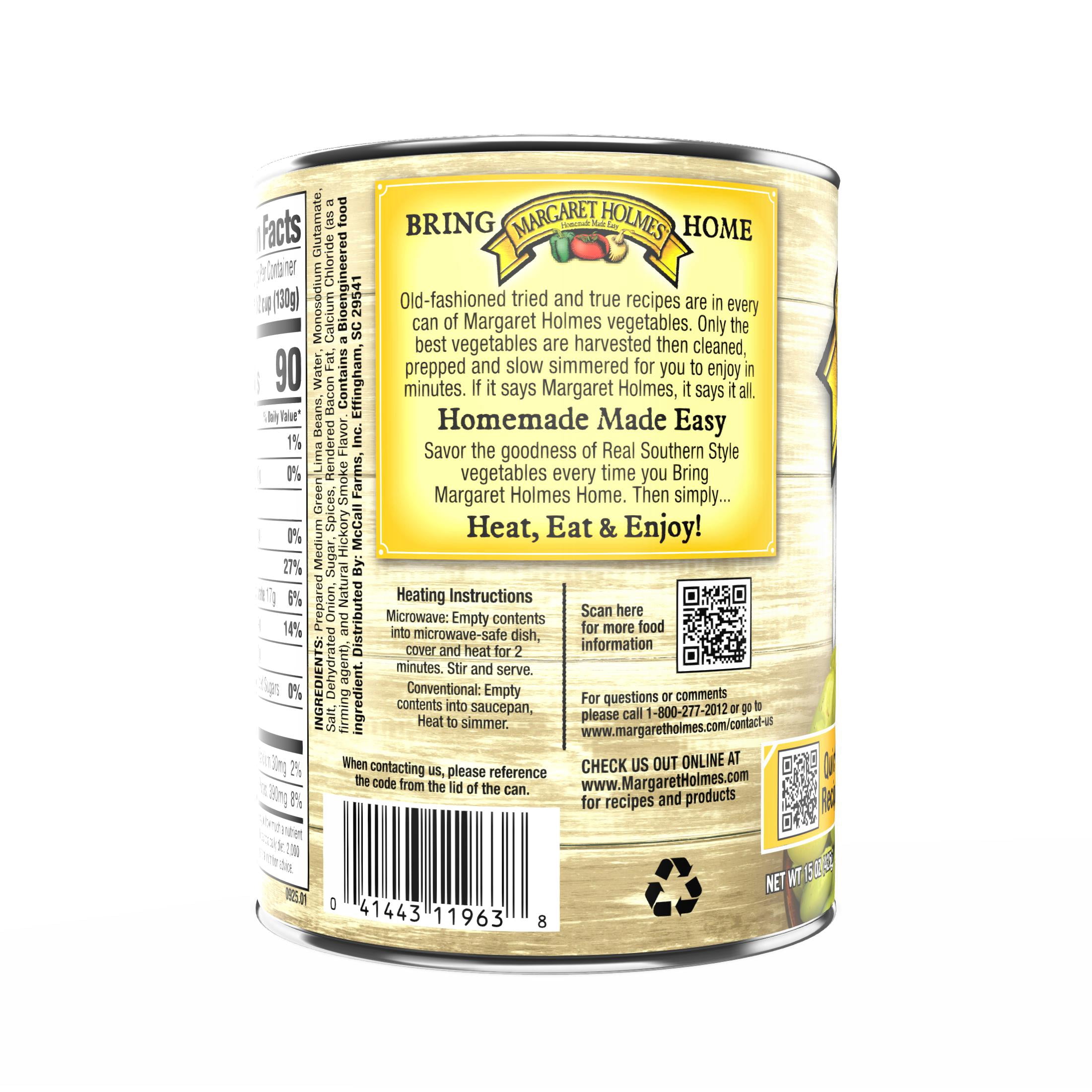 Margaret Holmes Seasoned Green Lima Beans, Canned Beans, 15 oz