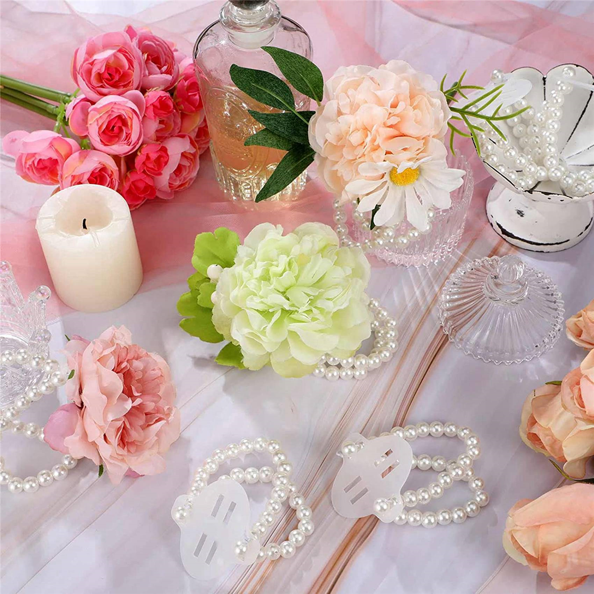64Pcs Elastic Pearl Wrist Bands Corsage Accessories Wedding Wrist DIY Decor for Wedding Beach