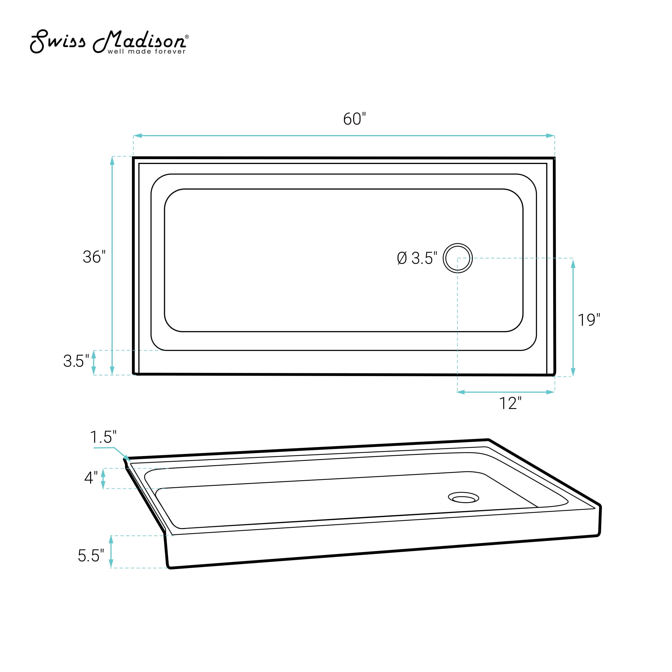 Voltaire 60" x 36" Single-Threshold, Right-Hand Drain, Shower Base in Gray