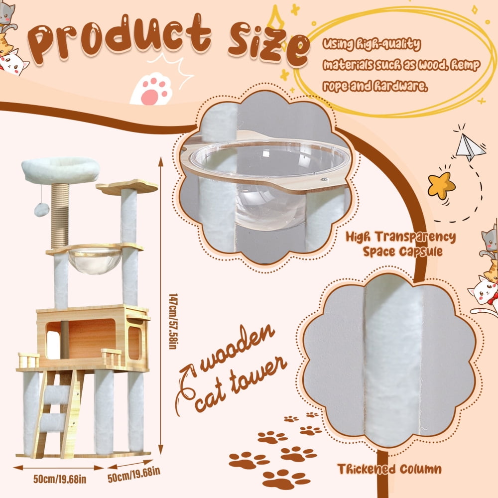 Modern Cat Condo Tower with Bowl, 57.8-Inch Tall Design for Multi-Cat Homes