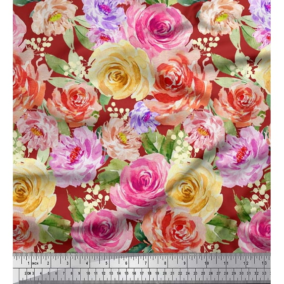 Soimoi Red Poly Georgette Fabric Leaves,Pink & Peach Rose Watercolor Print Sewing Fabric BTY 52 Inch Wide