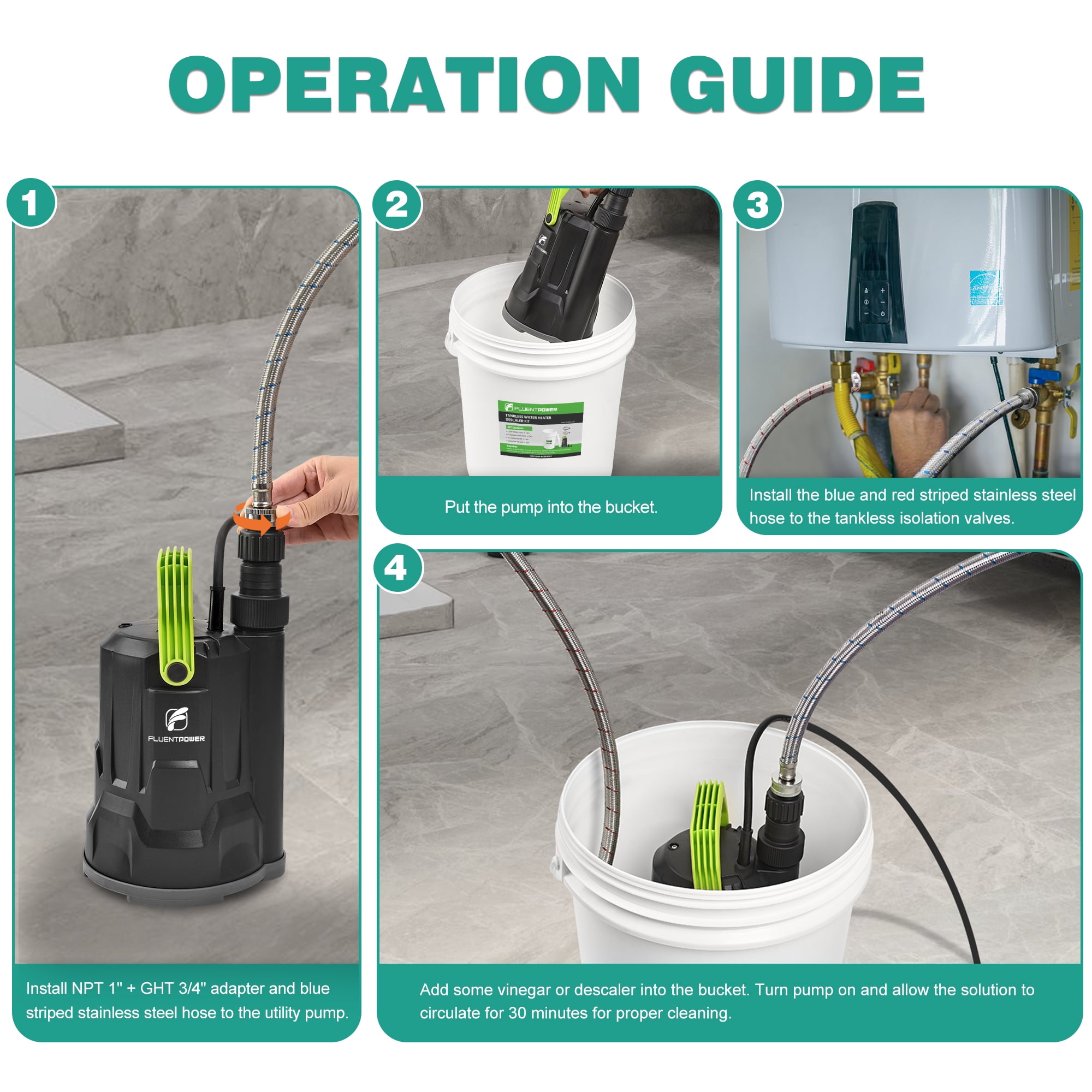 FLUENTPOWER Tankless Water Heater Descaling Flush Kit, Includes 1/2HP Submersible Utility Water Pump with Adapters, 5.3 Gallon Pail with Bucket Lid Opener, Two 3/4"GHT x 6' Stainless Steel Hoses