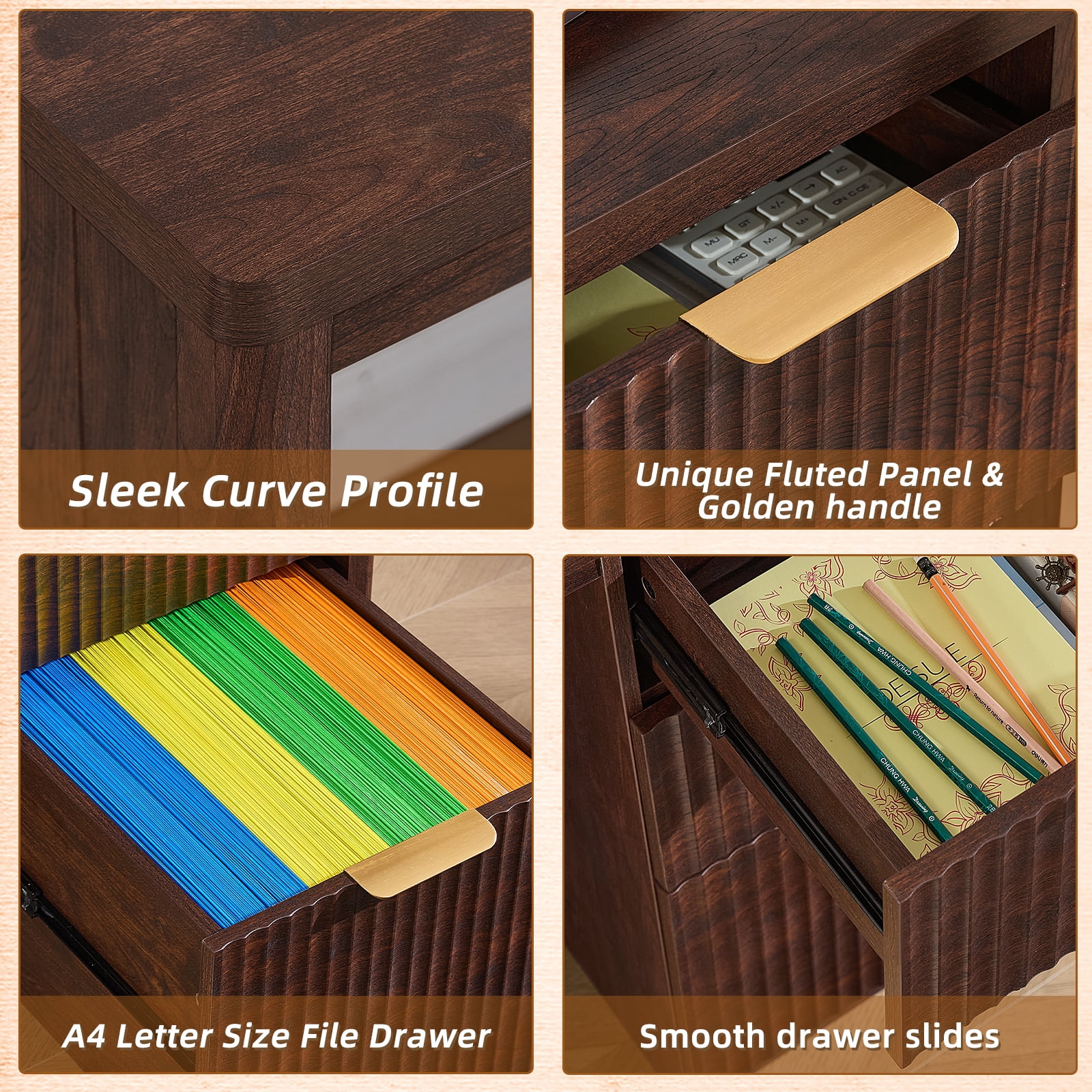 Fluted Executive Desk, 48" Modern Wood Home Office Desk with File Drawer & Metal Handles, Computer Writing Desk, Walnut