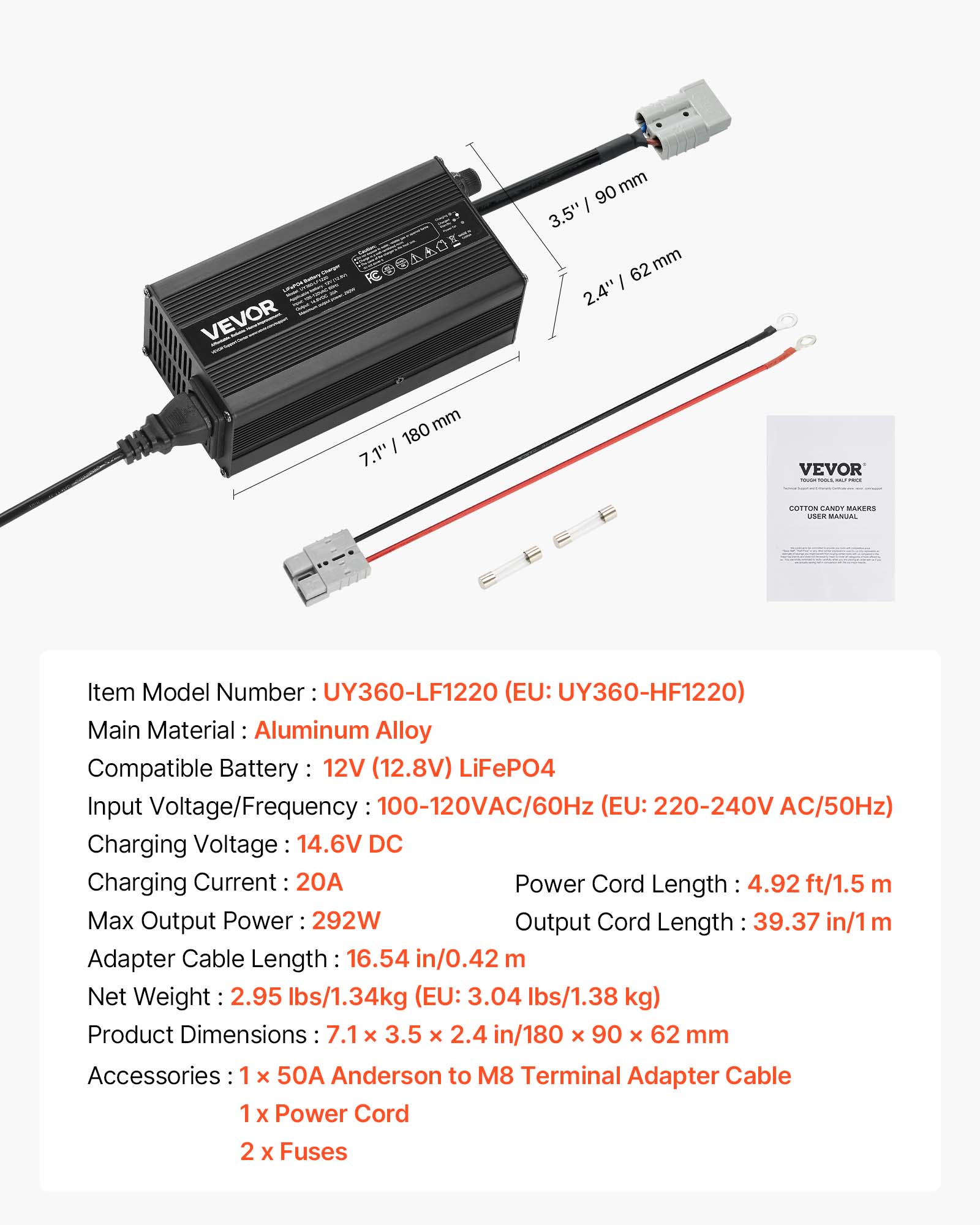 VEVOR 12V 20A Lithium Battery Charger, 14.6V, AC-DC LiFePO4 Smart Charger, with Anderson Connector, LED Indicator, 0V Activation, for Lithium LiFePO4 Deep Cycle Rechargeable Batteries of Boat, RV