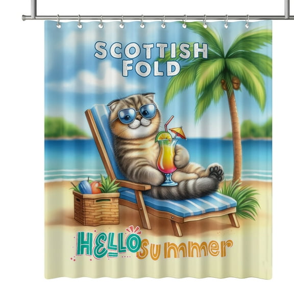 Scottish Fold Hello Summer Beach Theme with Sunglasses and Tropical Cocktail Shower Curtain Cat Lover Kitten Owner Gifts Waterproof Bathroom Bathtub Curtain - 00009