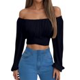 thumbnail image 2 of Off Shoulder Tops for Women 2025 Long Sleeve Ruched Tie Back Crop Top Summer Lantern Sleeve Boho Shirt Blouse, 2 of 8
