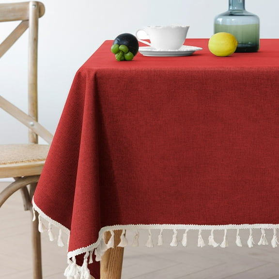 Linen Tablecloth with Tassels, Farmhouse Style Tablecloth, Water Resistant Tablecloths for Rectangle Table, 140*180cm crimson