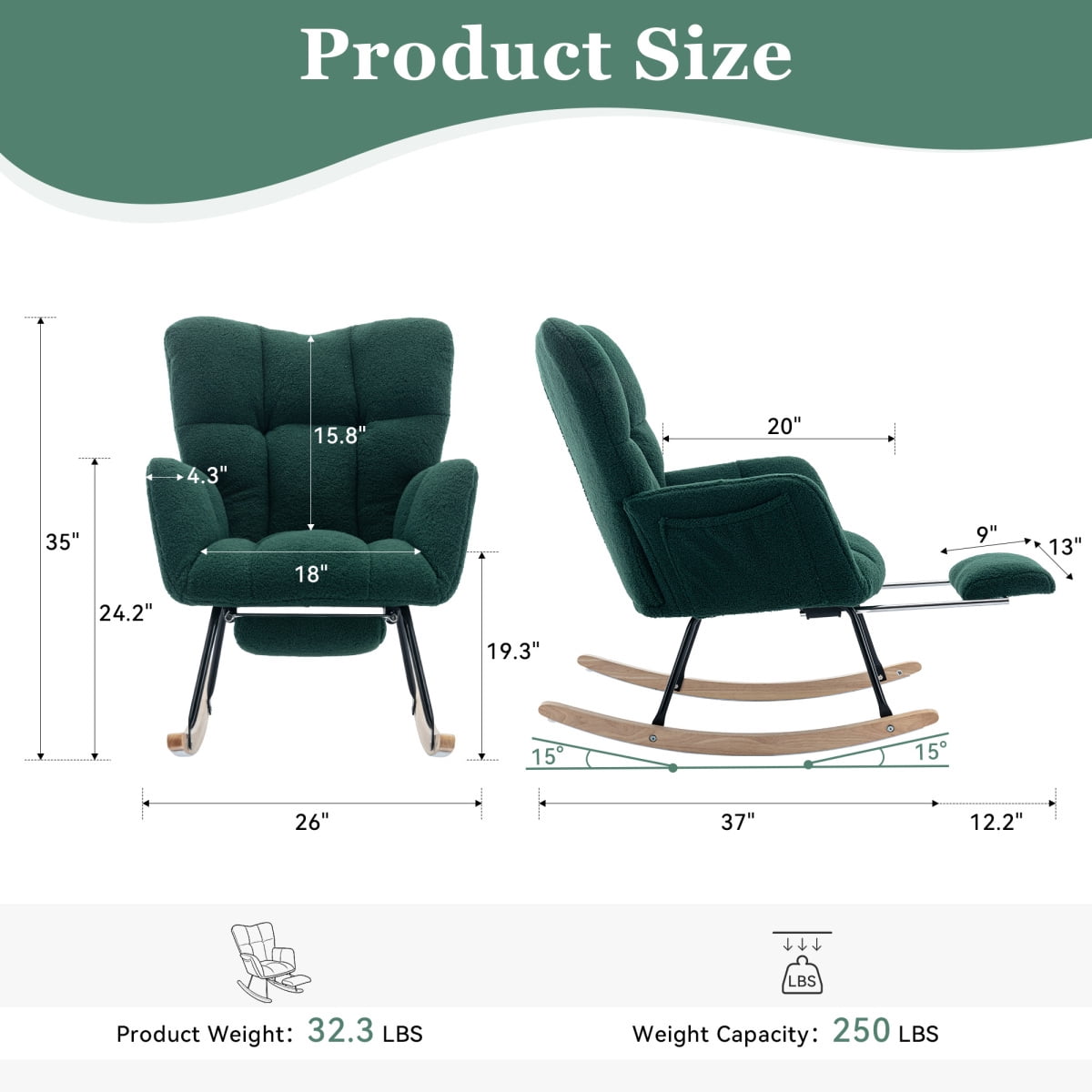 Nursery Rocking Chair Modern Armchair Upholstered Glider Rocking Chair Accent Chair with Retractable Footrest Reading Chair with High Backrest Solid Wood Base for Bedroom, White, Teddy
