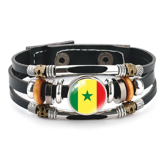 Uijokdef Country Flag Leather Bracelet, Multi-Layer Black Cowhide Design, 7.87 Inches