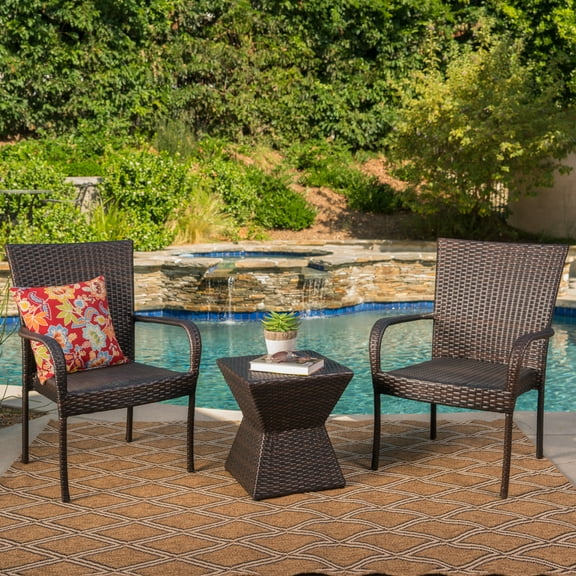 Barton Outdoor 3 Piece Wicker Chat Set with Stacking Chairs and Square Side Table, Multibrown