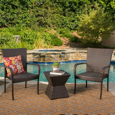 - Barton Outdoor 3 Piece Wicker Chat Set with Stacking Chairs and Square Side Table, Multibrown
