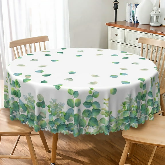 Nanqianyi Eucalyptus Leaves Round Tablecloth 70 Inch, Green Waterproof Table Cover for Party Picnic