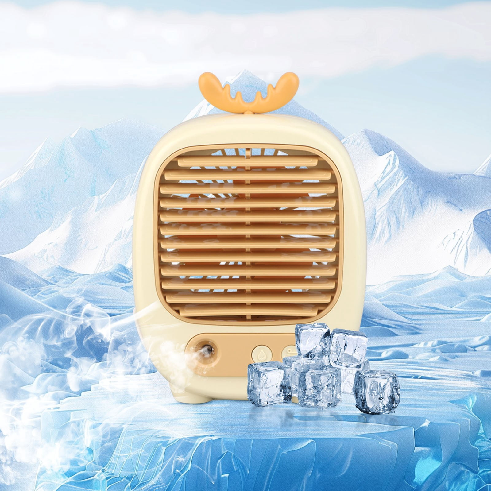 Cute Antler Design Portable Evaporative Air Cooler, 3-in-1 Mist Humidifier Desktop Fan for Home & Office