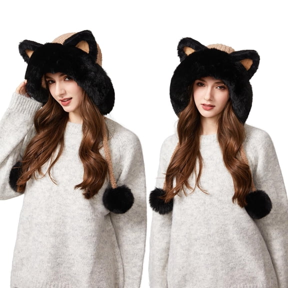 Uandlove Women's Cat Ear Fleece Lined Knit Hat, Two Tone Windproof Winter Beanie with Adjustable Fluff Ball Ties, One Size (22-23.6in) for Daily & Outdoor Use