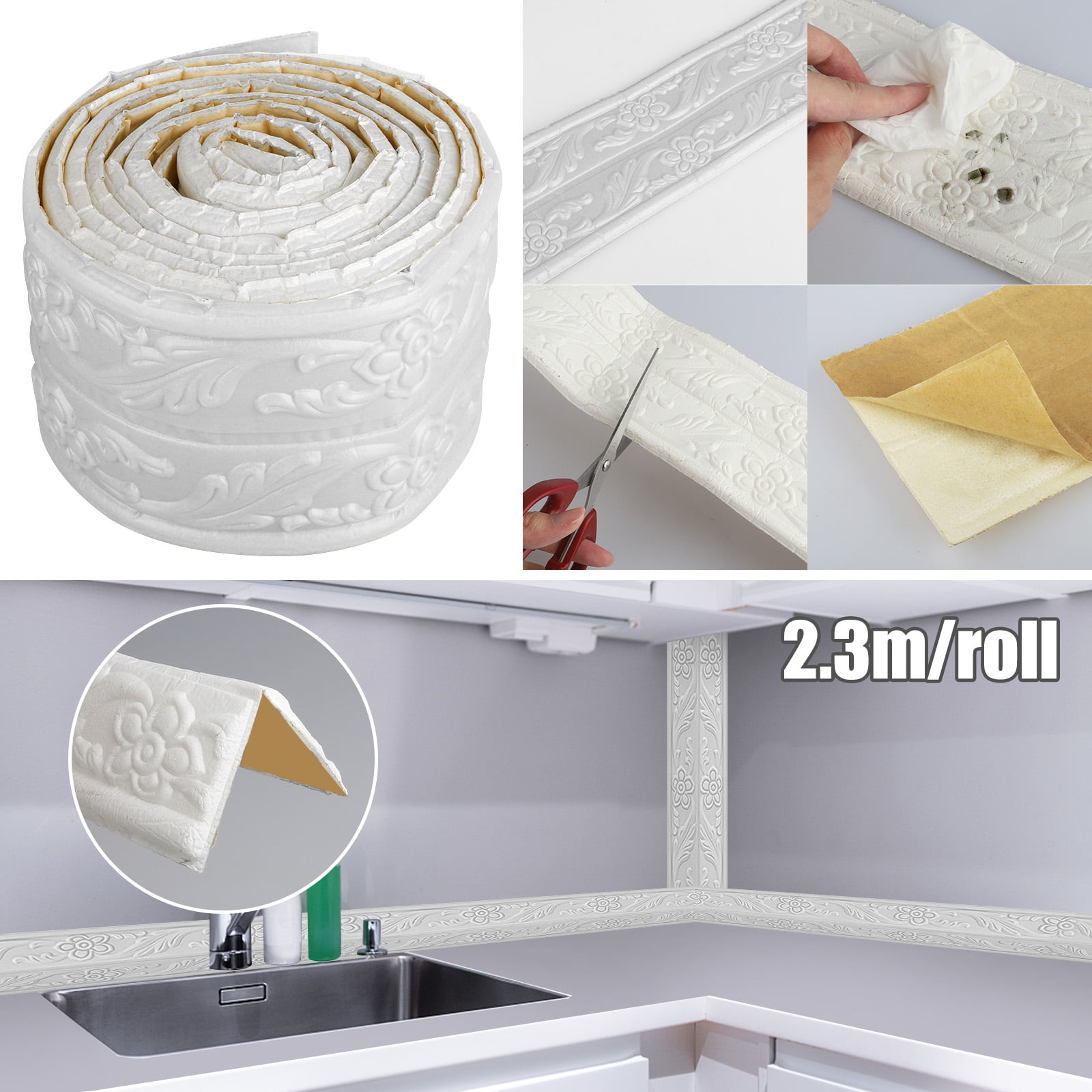 Durable Waterproof Wallpaper Border Strip for Home Kitchen 3D Sticker Decoration Foam Molding Trim Self Adhesive Wall Trim Line Skirting Border 