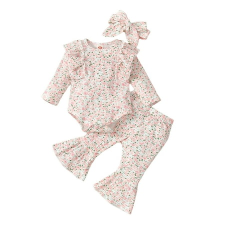 

Kiapeise Baby Girl Outfits Long Sleeve Floral Ruffle Ribbed Romper Onesie Flared Pants Set