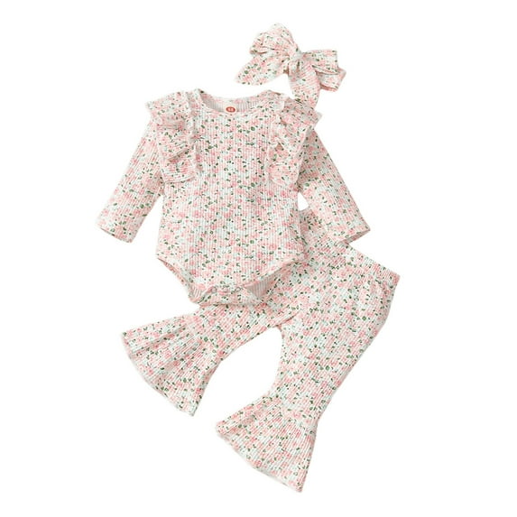 Seyurigaoka Baby Girls 3 Pieces Outfit, Floral Print Romper + Flare Pants + Headband