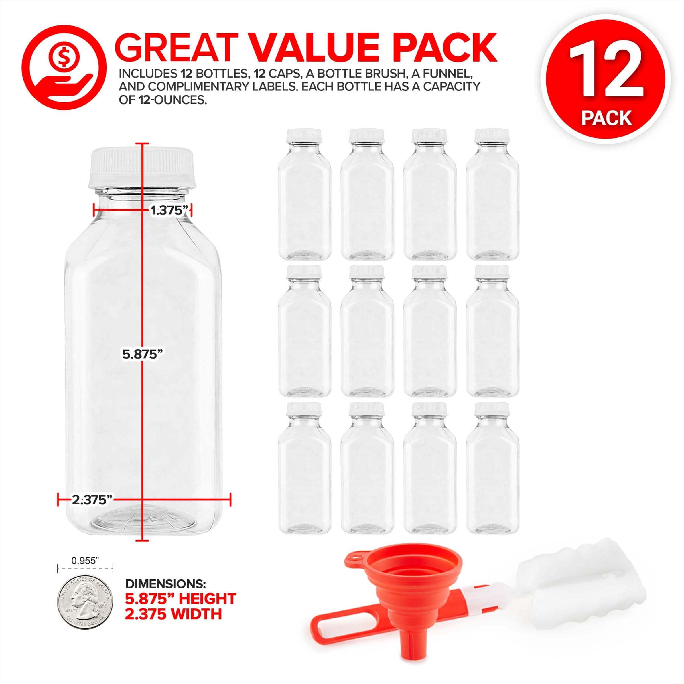Juice Bottles with Caps for Juicing & Smoothies, Reusable Clear Empty Plastic Bottles with Caps, 12 Ounce Drink Containers for Mini Fridge, Juicer Shots, Small Water Bottles Bulk 12 oz (12 Pack)