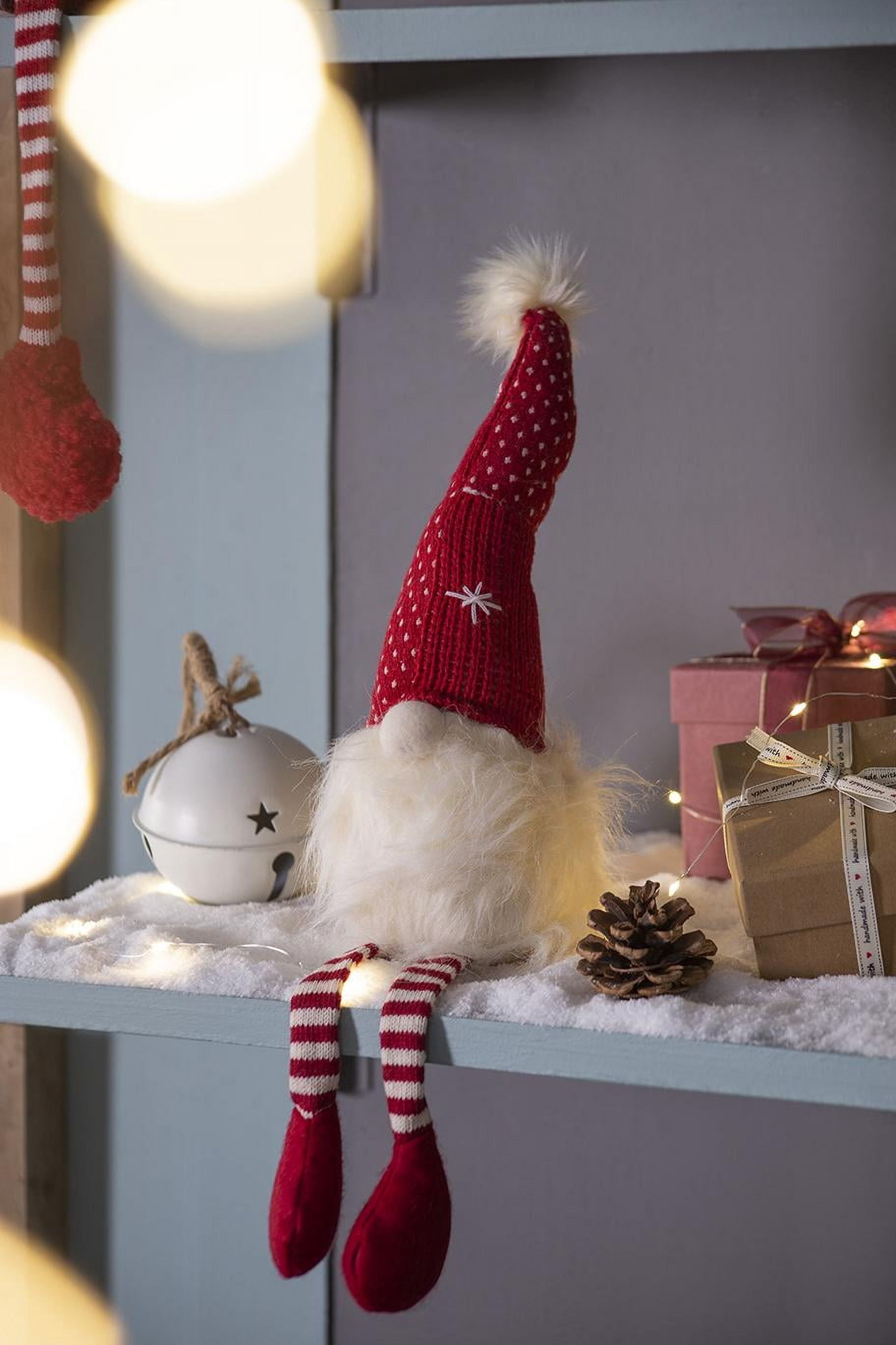 Jolly Red and White Striped Gnome Figurine Set Fluffy White Beard Long Legs Tabletop Mantel Dining Room Decoration