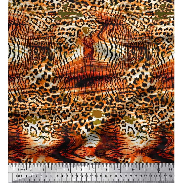 Soimoi Orange Moss Georgette Fabric Leopard & Tiger Animal Skin Print Fabric by Yard 44 Inch Wide