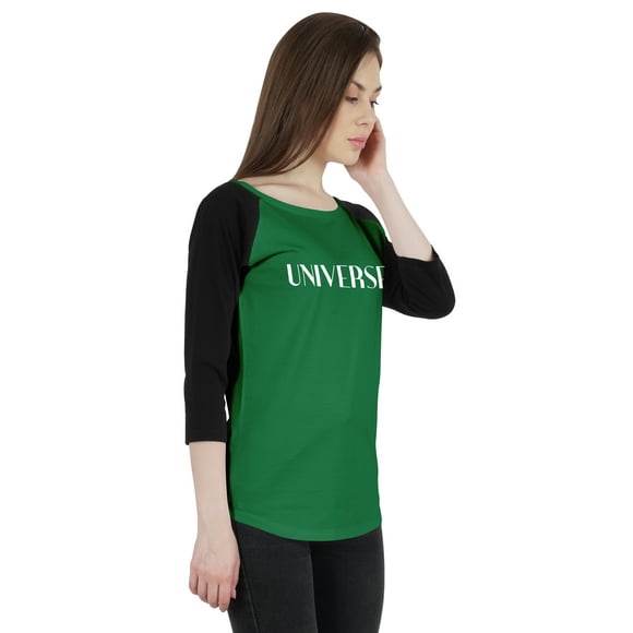 Inkmeso Women Raglan 3/4th Sleeve Tshirt Happy Motivational Quote Universe Graphic Top
