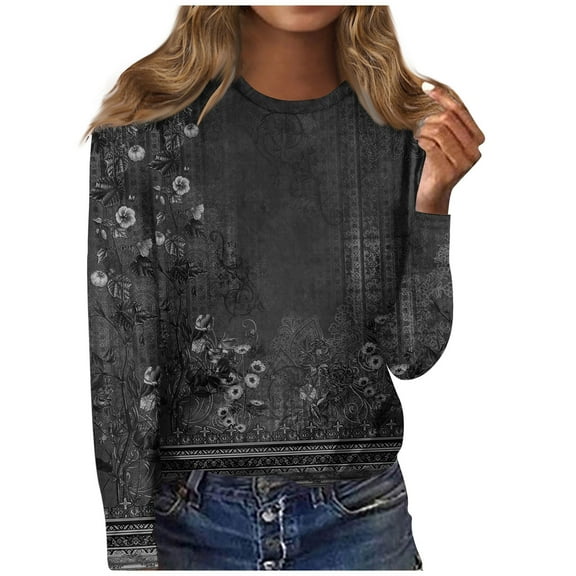 kytmyeq Women's Fashion Casual Long Sleeve Print Round Neck Pullover Top Blouse