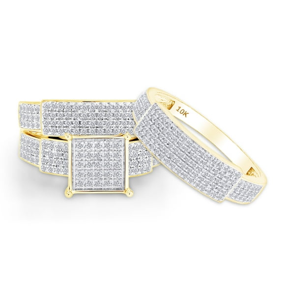 AFFY White Natural Diamond Engagement & Wedding Trio Band Ring Set In 10k Yellow Gold (0.96 Cttw)
