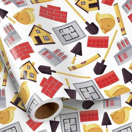 RUSPEPA Construction Wrapping PresNok Paper Roll for Kids Boys Roll, Cartoon Builder Theme with Hard Hats, Bricks, Tools and House Designs Gift Wrap for Birthday, Party, 17 Inches x 16.4 Feet